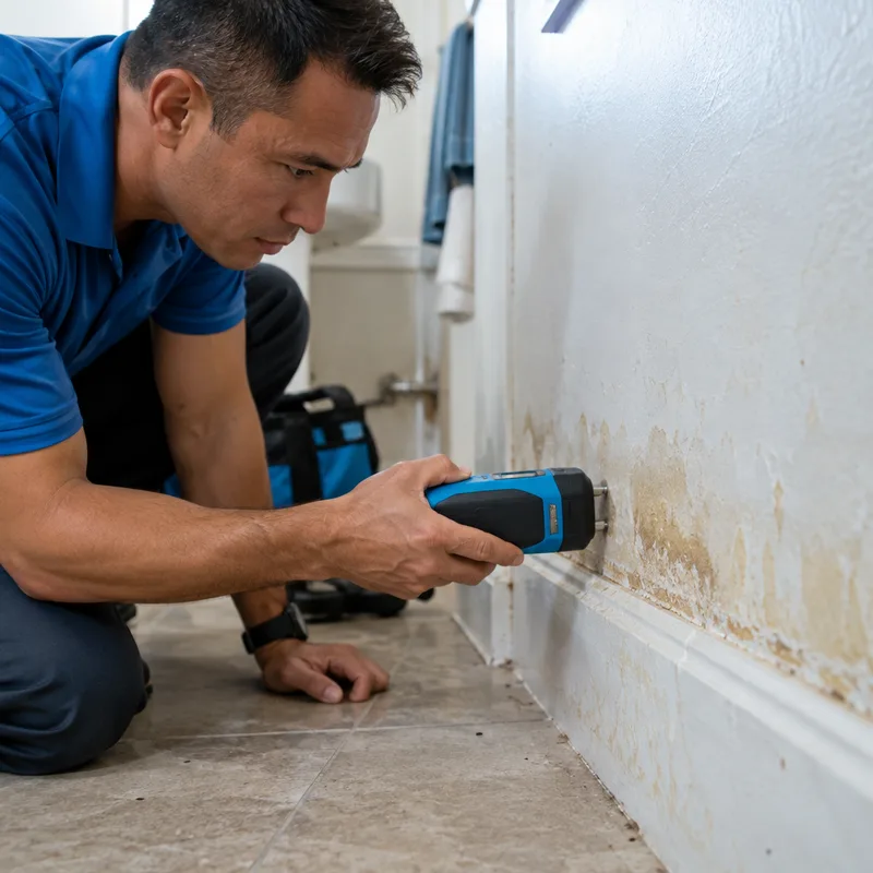 Moisture meter inspecting water staining near a residential baseboard