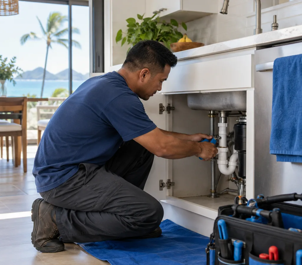 Plumber checking supply lines and the trap beneath a residential kitchen sink in Kailua