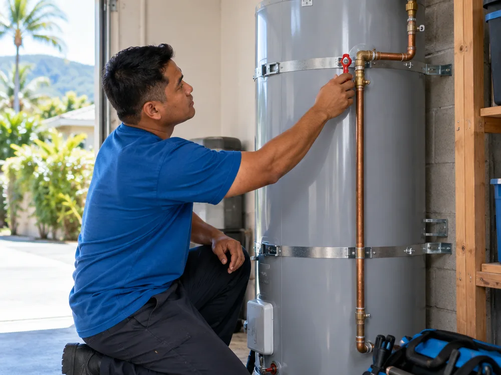 Residential water heater with visible shutoff valve and piping connections