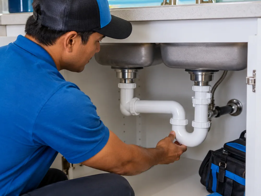 New under-sink P-trap with aligned slip-joint connections after drain repair