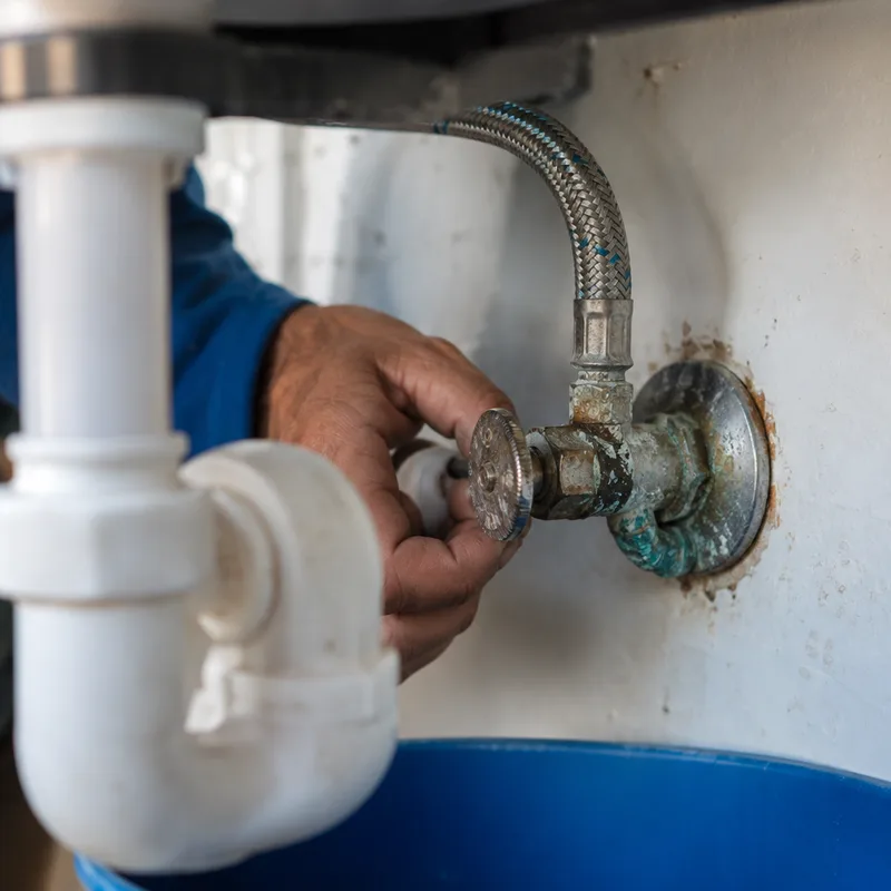 Corroded angle stop and braided supply line connection beneath a bathroom sink with visible mineral buildup