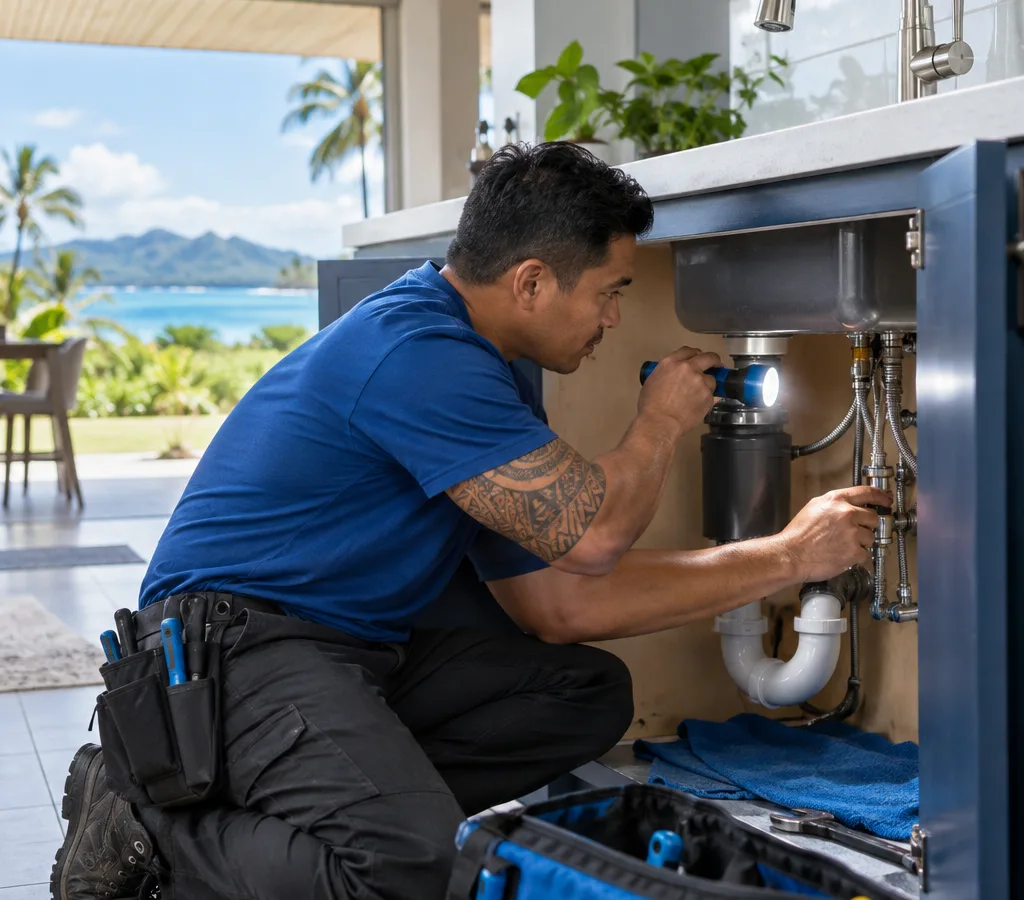 Plumber working beneath a residential sink with tools and a flashlight while checking supply lines and drain connections