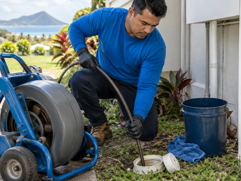 Plumber using a drain cable machine at a residential cleanout with towels and a bucket nearby