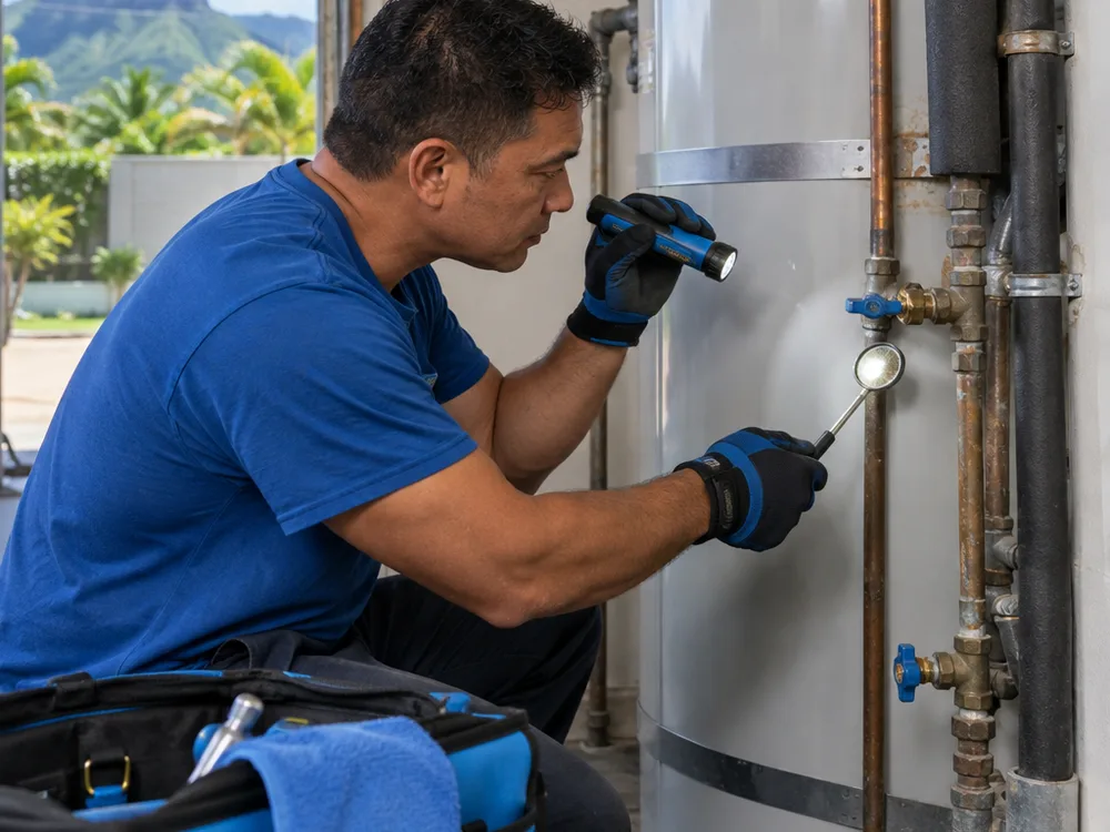 Plumber using a flashlight and inspection mirror to check a residential water heater and nearby shutoff valves
