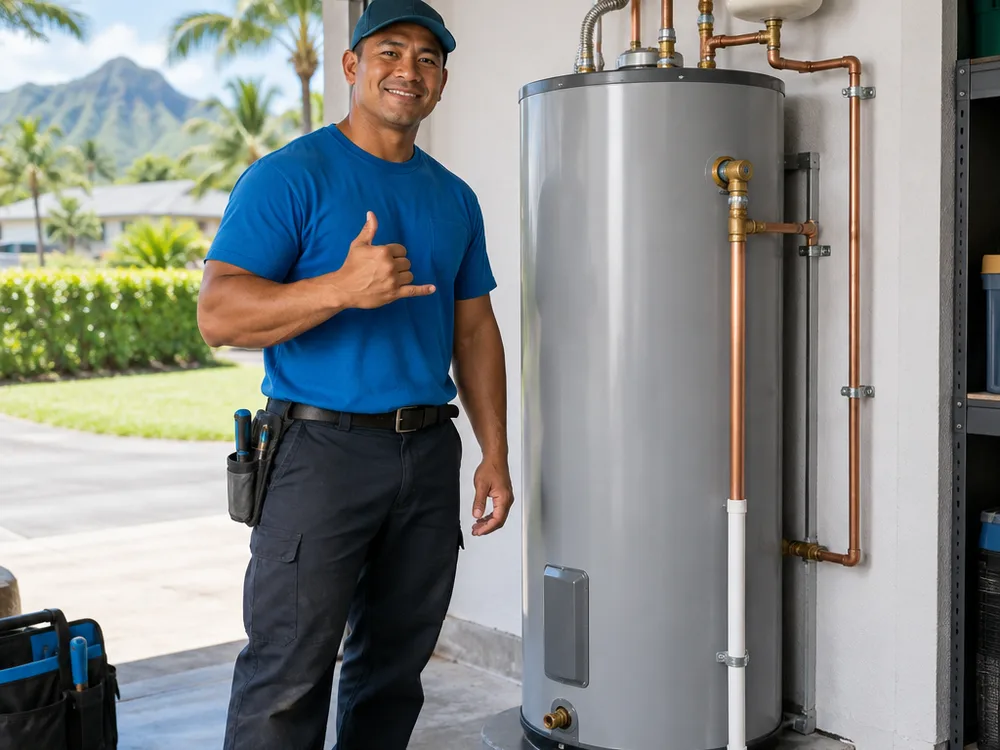 Modern residential water heater with aligned piping, relief valve piping, and a clean work area