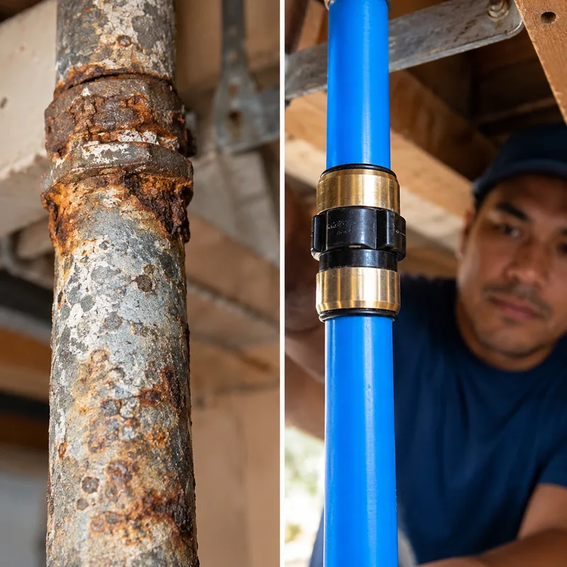Corroded galvanized pipe beside a new PEX section with proper fittings illustrating replacement of aging lines