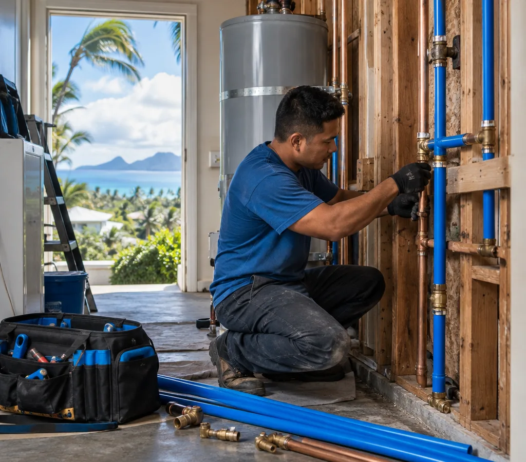 Contractor replacing aging water supply piping in a residential utility area with exposed framing and neatly staged new piping