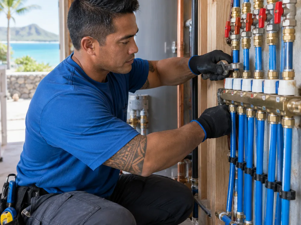Contractor installing new shutoff valves and a labeled manifold-style distribution setup for a repipe