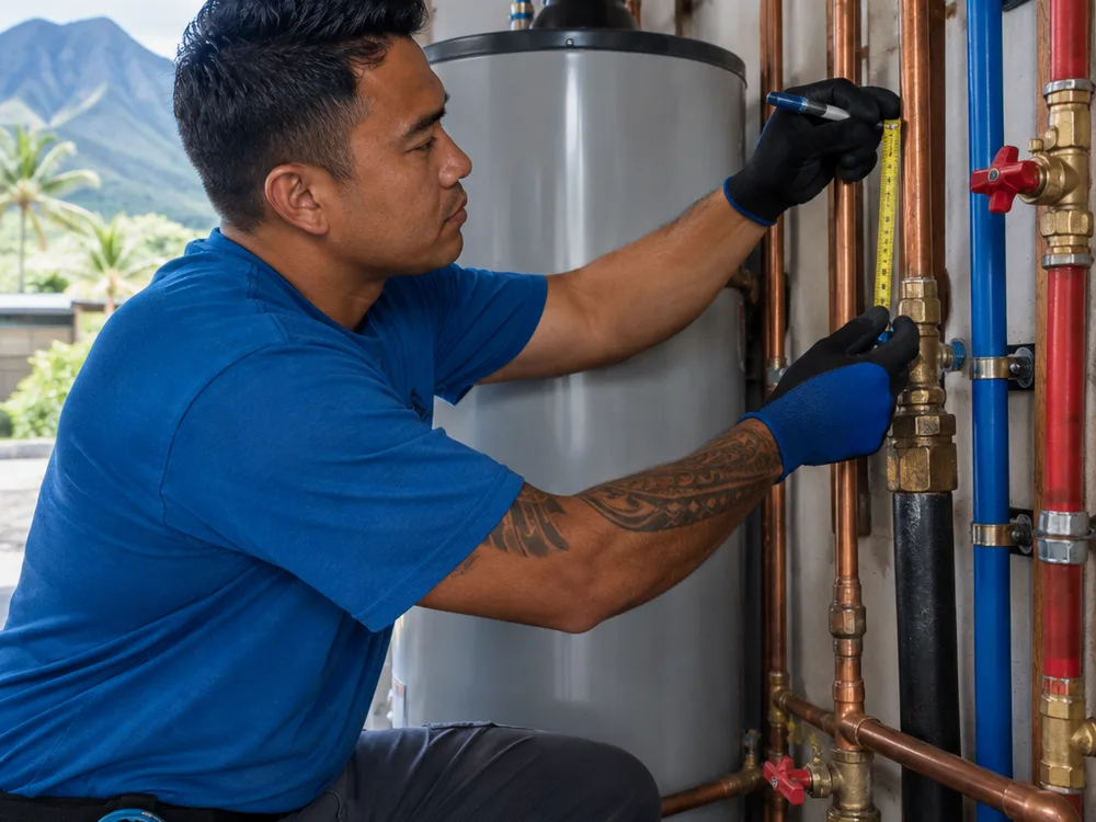 Contractor labeling and measuring existing copper and PEX lines near a water heater before a repipe with shutoff valves visible