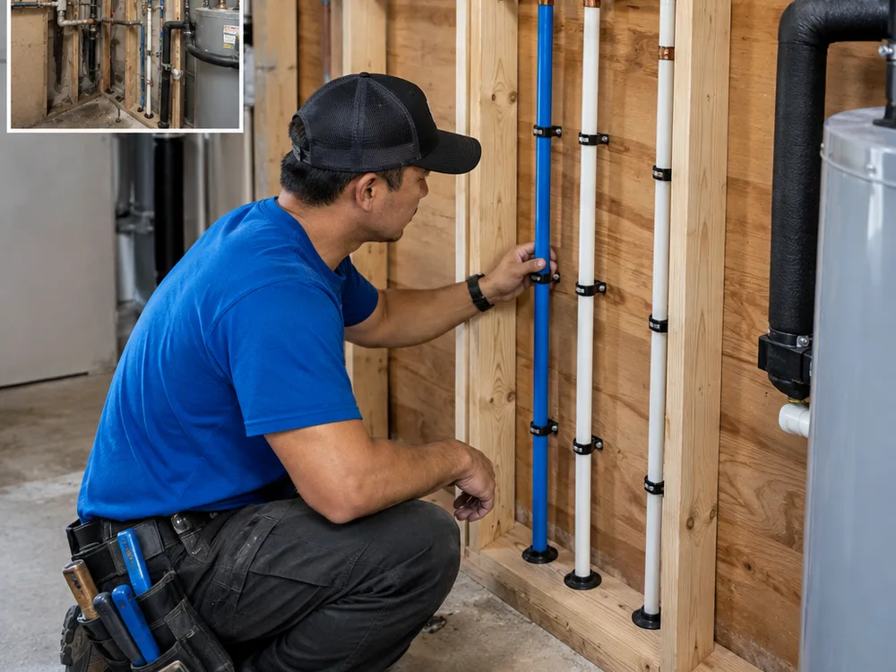 Neatly routed new water supply lines secured along framing with clean penetrations and protective grommets