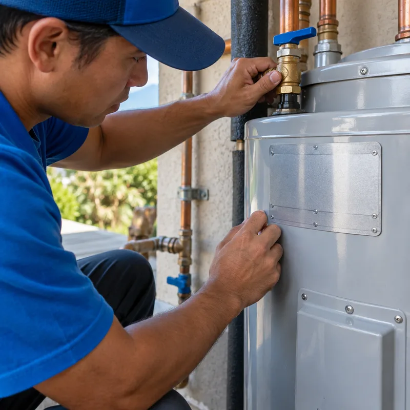 Water heater data plate and shutoff-valve area showing model information and pipe connections