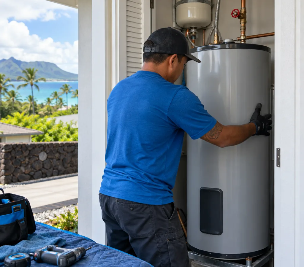 Contractor positioning a new residential water heater in a Hawaii utility closet with water lines and a shutoff valve visible