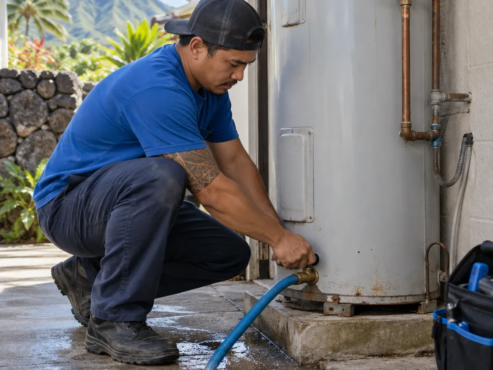 Contractor draining an old tank water heater through a hose with the cold-water supply valve shut off