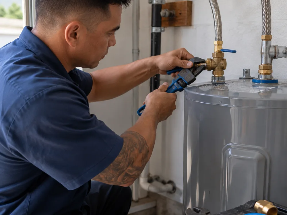 Contractor connecting flexible water heater supply lines and a shutoff valve with tools and thread sealant nearby