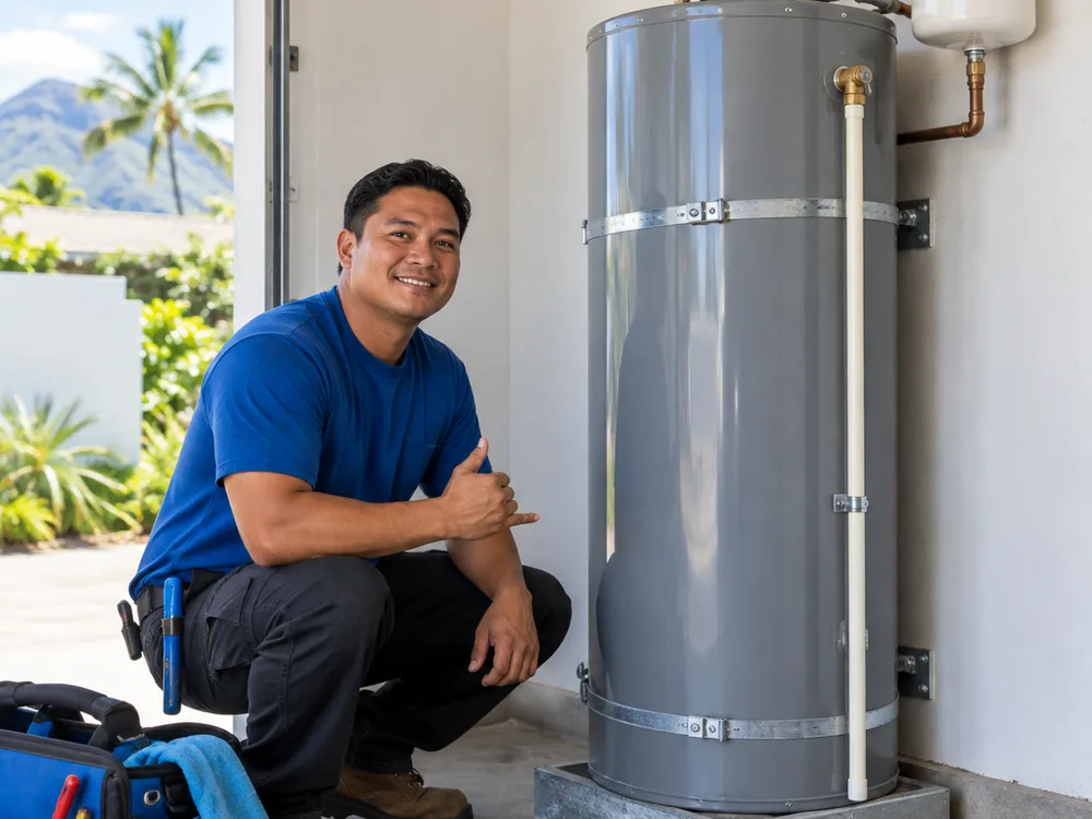 Newly installed water heater secured in place with neat piping, a visible relief-valve discharge line, and a clean work area