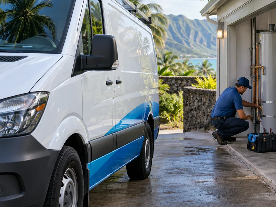 Contractor inspecting an exterior hose bibb and main shutoff at a Kailua home